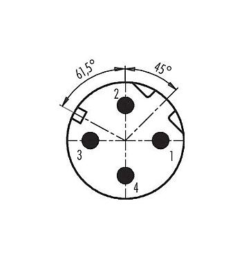 Расположение контактов (со стороны подключения) 99 3721 820 04 - M12 Угловой штекер, Количество полюсов: 4, 5,0-8,0 мм, экранируемый, обжим (обжимные контакты заказываются отдельно), IP67